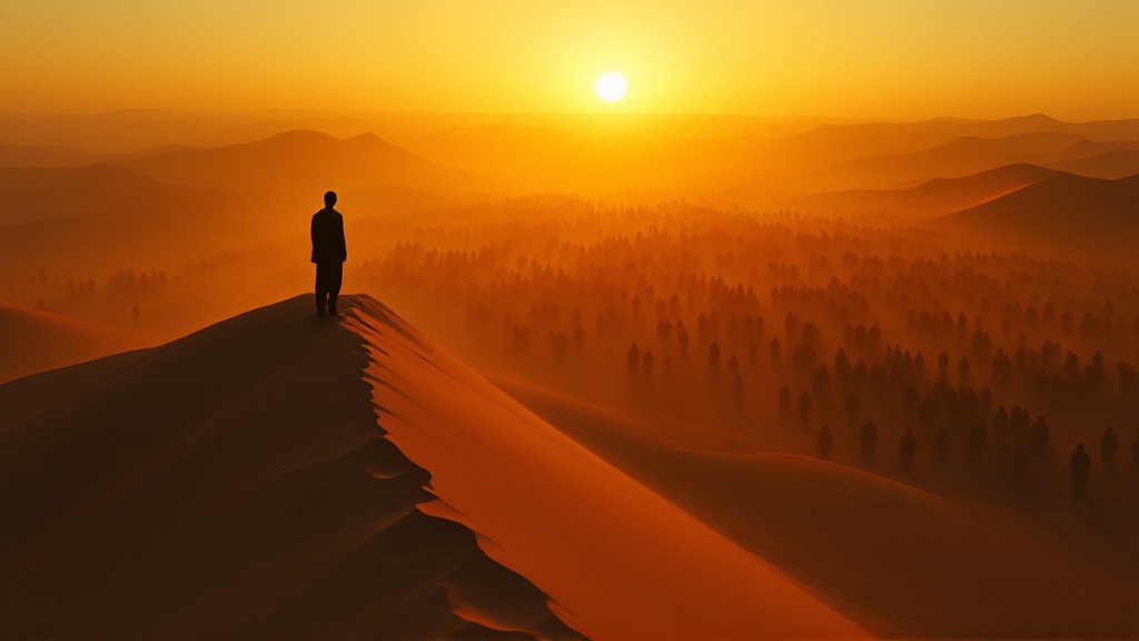 A lone figure stands on a dune at dusk facing a vast crowd of identical silhouettes stretching to the horizon.