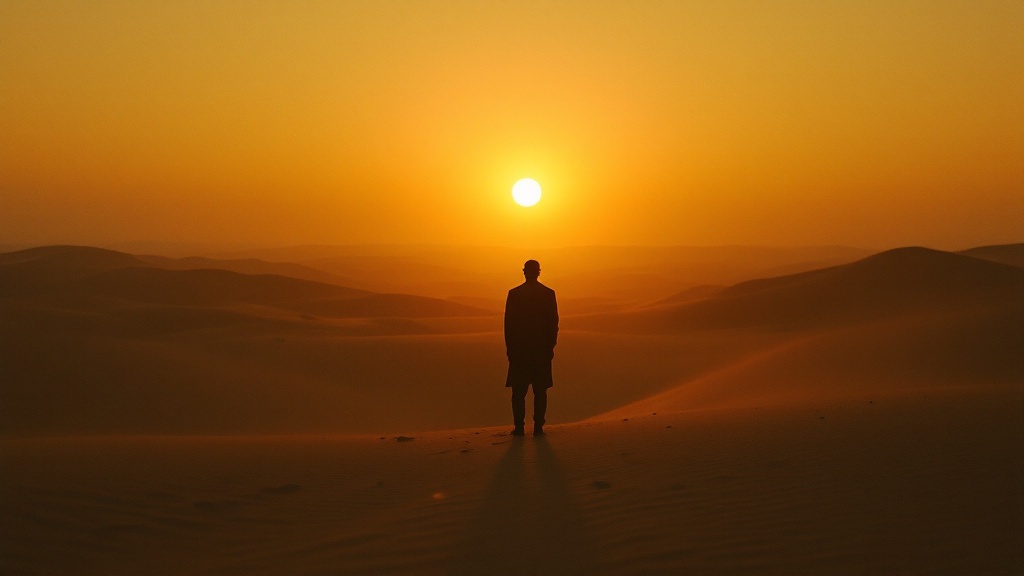 Empty desert dunes at golden hour dusk, warm haze hanging over the ridgelines.