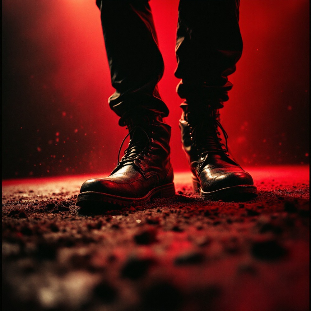 Boots planted on a dirt covered stage in red light.