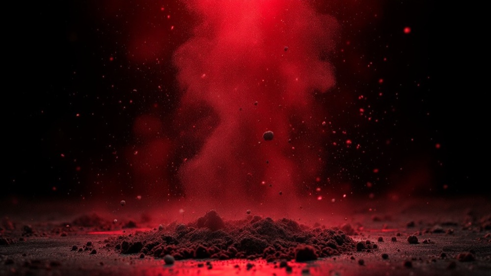 Dark clods of dirt suspended mid air in crimson light against black.