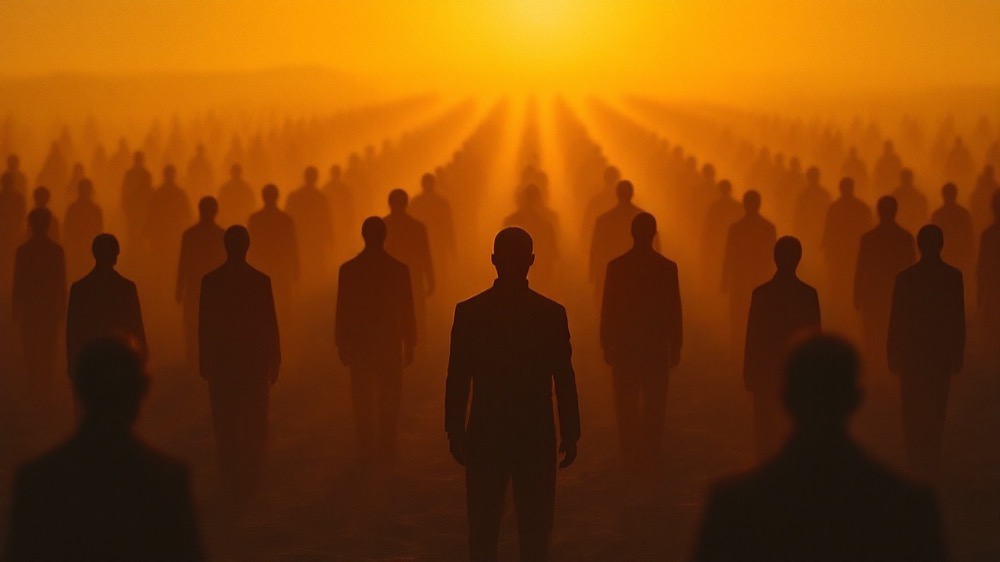 Rows of identical silhouettes standing in golden haze.
