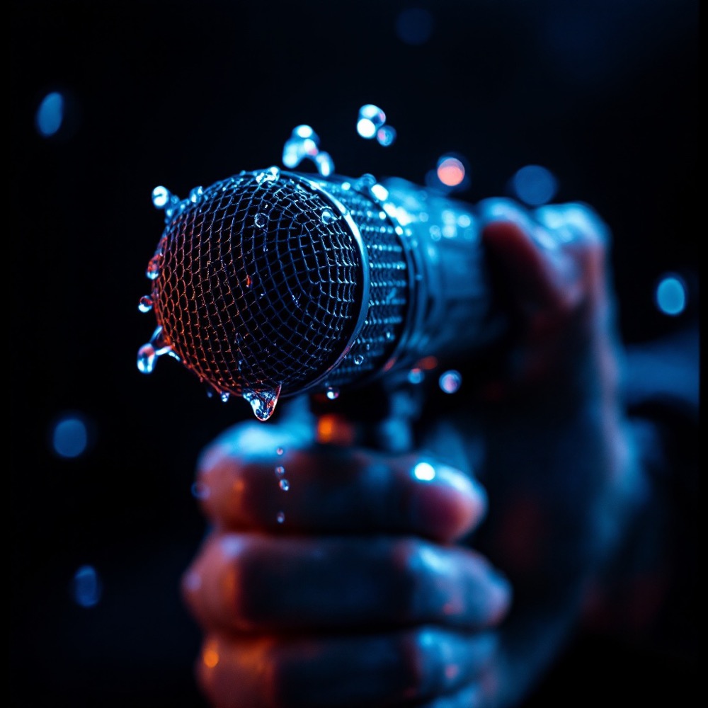 A hand gripping a wet microphone.
