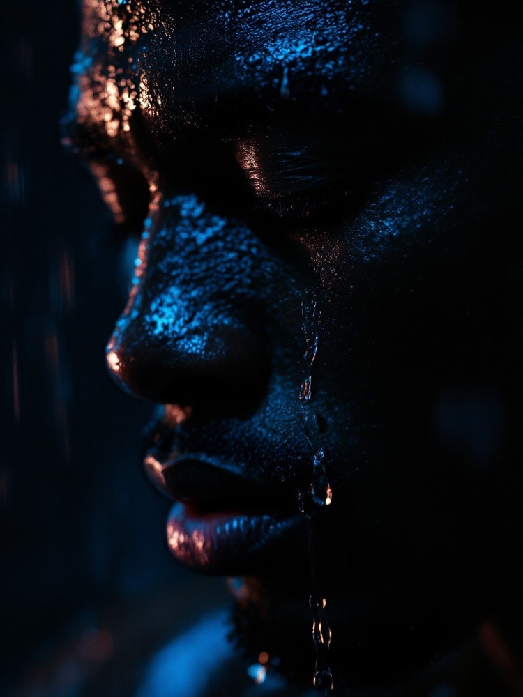 Extreme closeup of rain running down a face, lit by a cold blue rim light.