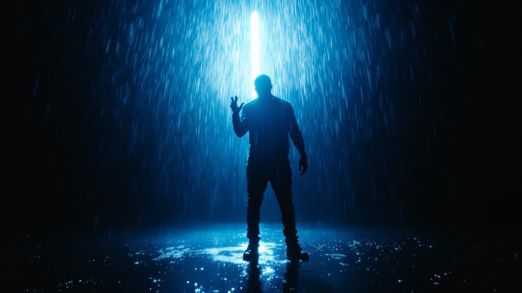 A silhouetted artist performs in heavy rain, one hand reaching up through a hard blue backlight beam.