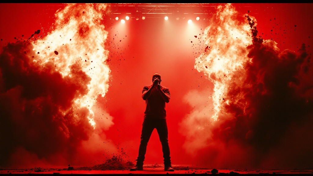A red lit concert stage under a full lighting rig, dirt blasting in from both sides in slow motion as the artist holds the mic at center.