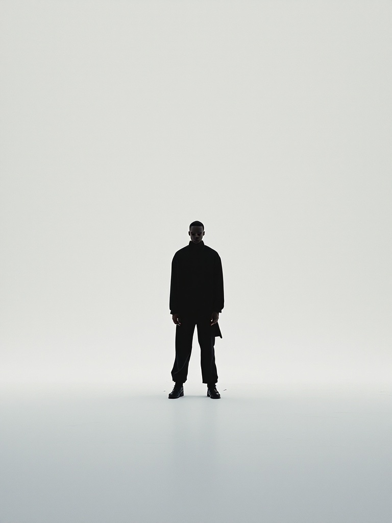 A lone figure dressed in all black stands small inside an infinite bright white studio.